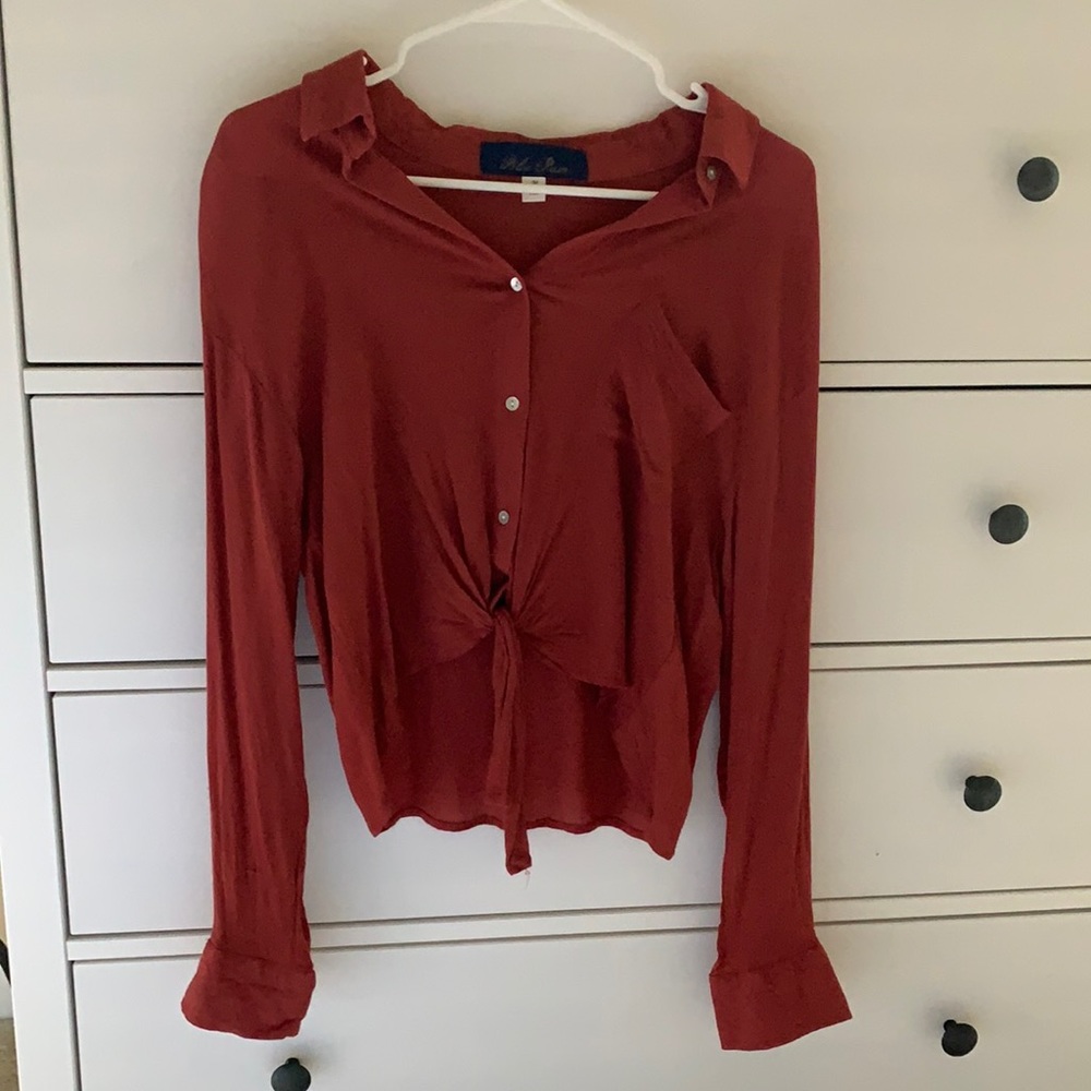 Maroon button-up tie-front shirt